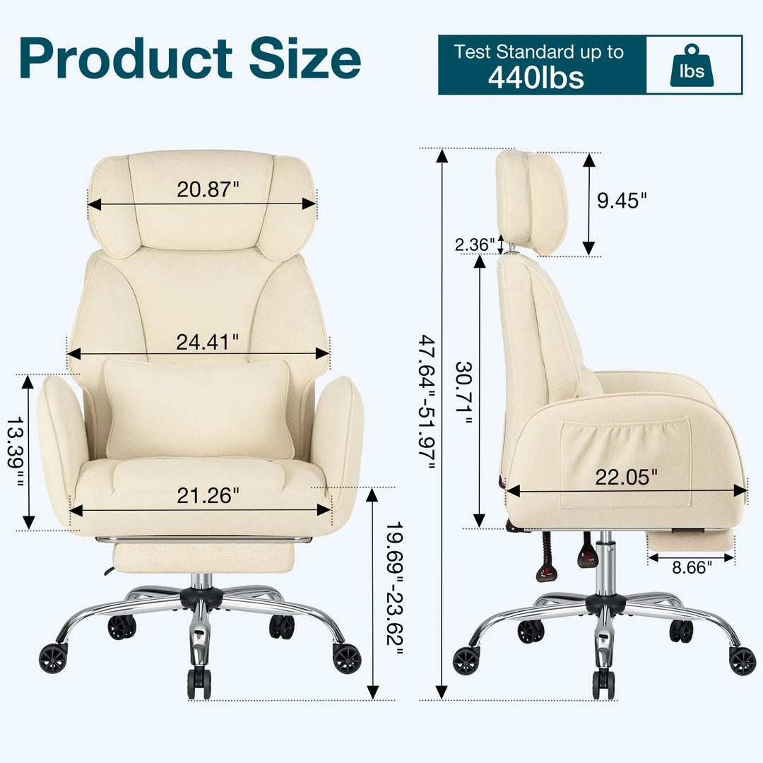 Criss Cross Office Chair with Reversible Armrests, Big and Tall Desk Chair with Footrest, Reclining Ergonomic Computer Chair with Adjustable Headrest, Executive Fabric Chair for Home, Beige