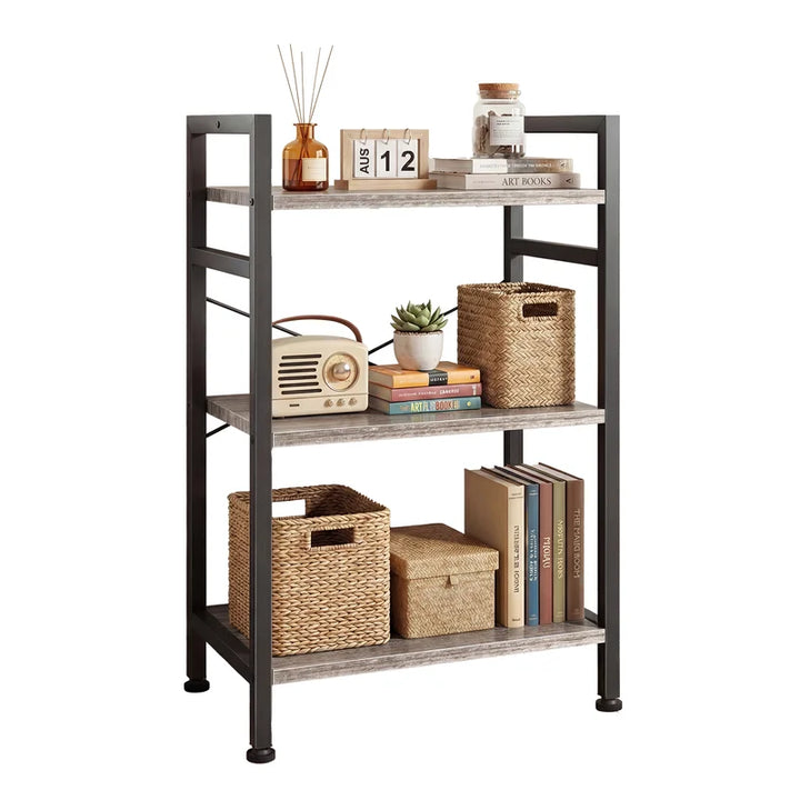 3 Tier Bookshelf, Free Standing Shelf, Bookcase Shelf Storage Organizer, Industrial Book Shelves for Home Office, Living Room, Kitchen, Gray