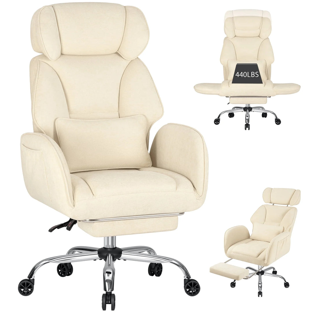 Criss Cross Office Chair with Reversible Armrests, Big and Tall Desk Chair with Footrest, Reclining Ergonomic Computer Chair with Adjustable Headrest, Executive Fabric Chair for Home, Beige