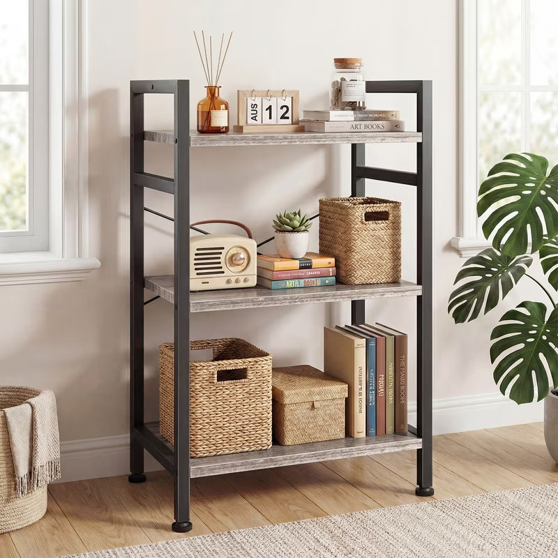 3 Tier Bookshelf, Free Standing Shelf, Bookcase Shelf Storage Organizer, Industrial Book Shelves for Home Office, Living Room, Kitchen, Gray