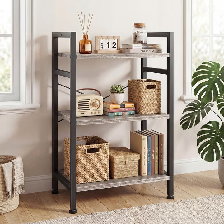 3 Tier Bookshelf, Free Standing Shelf, Bookcase Shelf Storage Organizer, Industrial Book Shelves for Home Office, Living Room, Kitchen, Gray