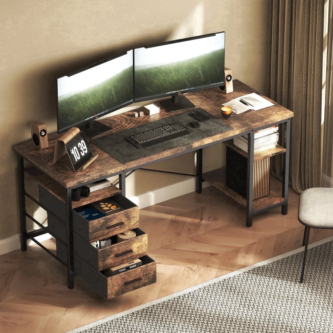 55" Computer Desk, Home Office Desk with 3 Drawers and Storage Shelves, PC Table Desk for Bedroom, Brown