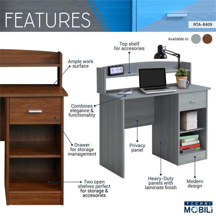 Modern Engineered Wood Computer Desk with Storage Hutch in Gray