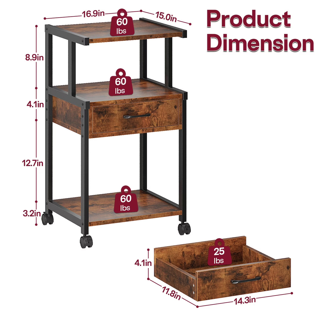 Printer Stand with Wheels,Drawer and Storage Shelf,3-Tier Rolling Mobile Printer Cart Fits Letter and A4 Size Files for Home Office,Brown