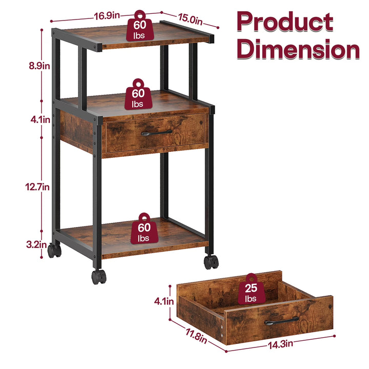 Printer Stand with Wheels,Drawer and Storage Shelf,3-Tier Rolling Mobile Printer Cart Fits Letter and A4 Size Files for Home Office,Brown