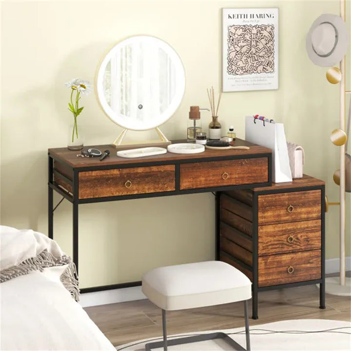 Home Office Dual Desktop Desk with 5 Storage Drawers, Powder-Coated Metal Frame Engineered Wood