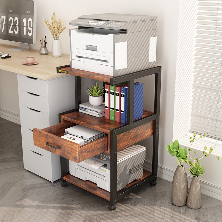 Printer Stand with Wheels,Drawer and Storage Shelf,3-Tier Rolling Mobile Printer Cart Fits Letter and A4 Size Files for Home Office,Brown