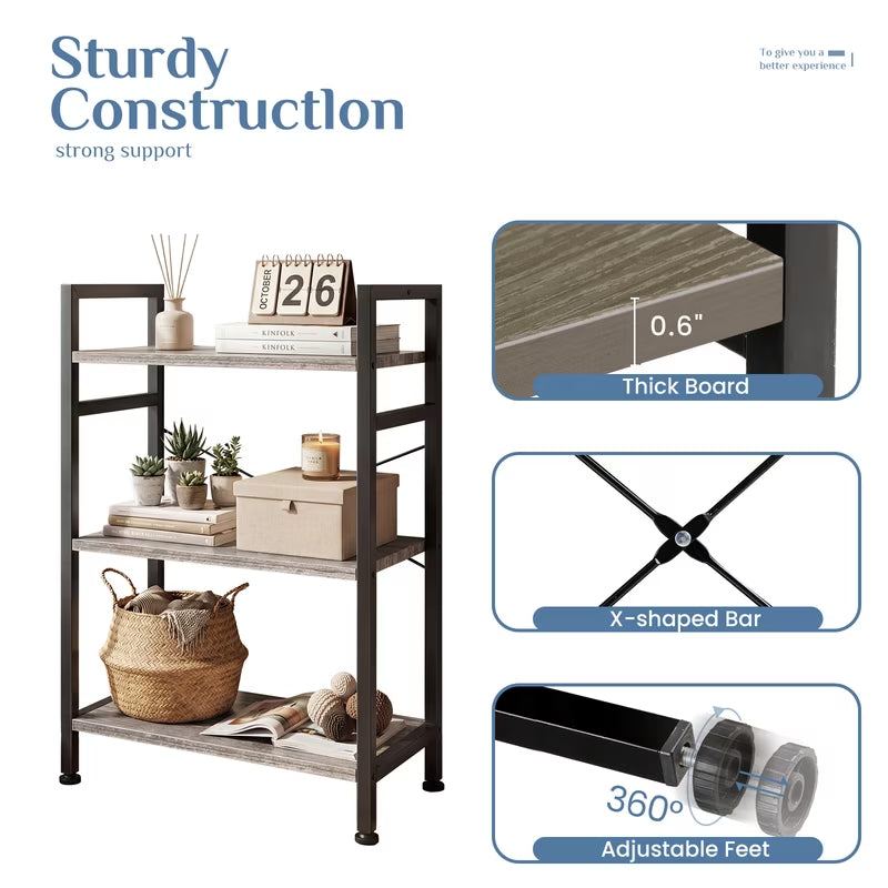 3 Tier Bookshelf, Free Standing Shelf, Bookcase Shelf Storage Organizer, Industrial Book Shelves for Home Office, Living Room, Kitchen, Gray