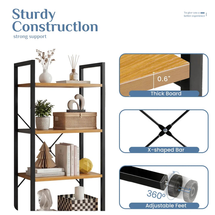 4 Tier Bookshelf, Free Standing Shelf, Bookcase Shelf Storage Organizer, Industrial Book Shelves for Home Office, Living Room, Kitchen, Wood