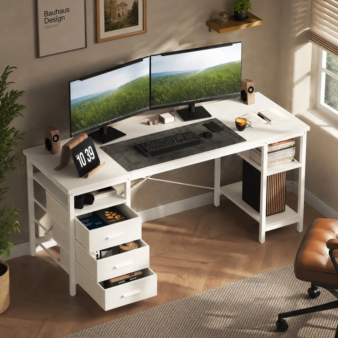 55" Computer Desk, Home Office Desk with 3 Drawers and Storage Shelves, PC Table Desk for Bedroom, White