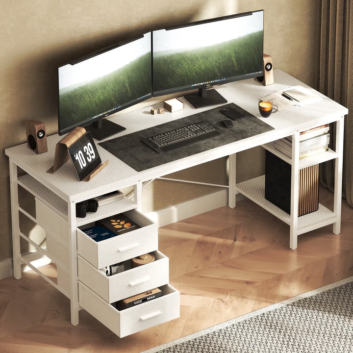 55" Computer Desk, Home Office Desk with 3 Drawers and Storage Shelves, PC Table Desk for Bedroom, White