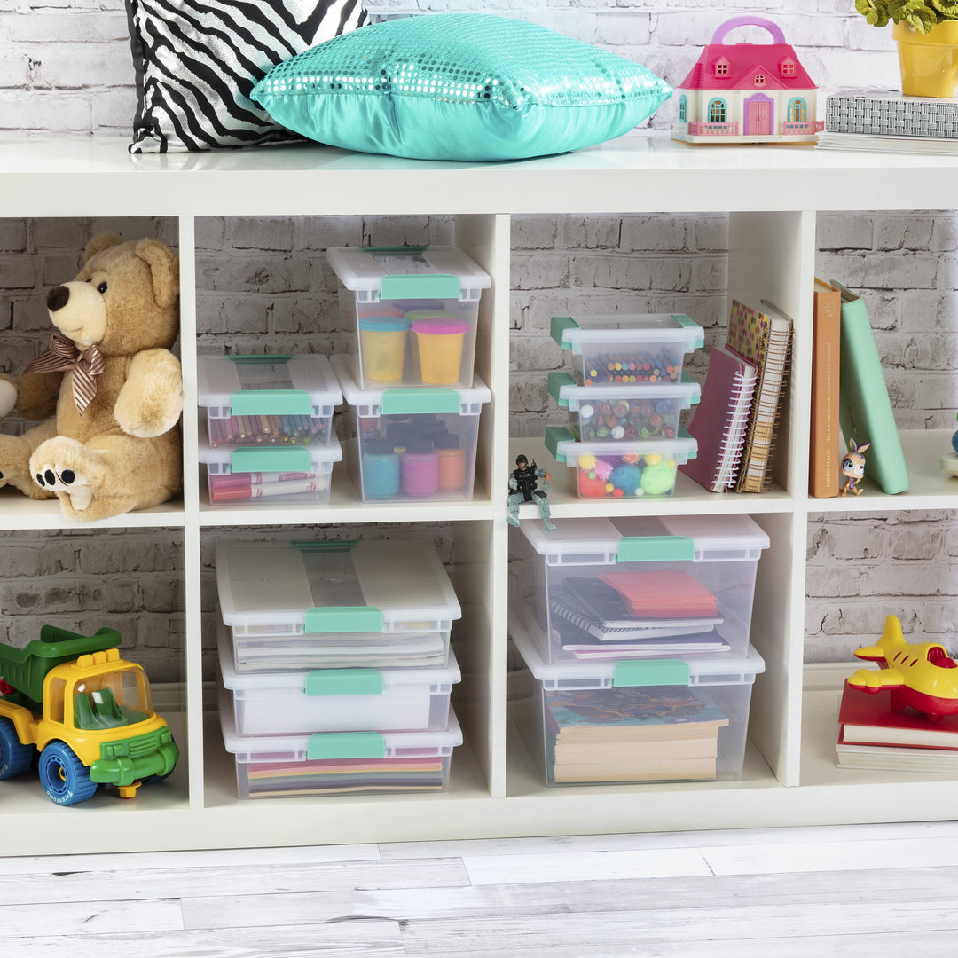 Large Clear Plastic Storage Bin Tote with Clear Lid &amp; Aqua Latch