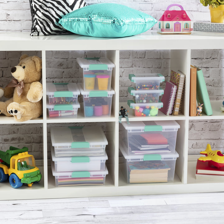 Large Clear Plastic Storage Bin Tote with Clear Lid &amp; Aqua Latch