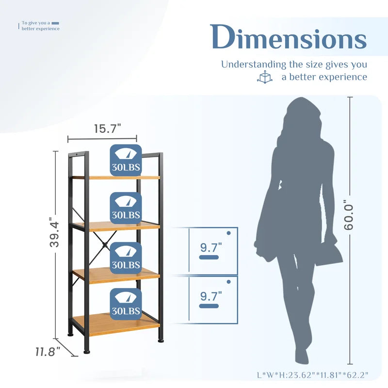 4 Tier Bookshelf, Free Standing Shelf, Bookcase Shelf Storage Organizer, Industrial Book Shelves for Home Office, Living Room, Kitchen, Wood