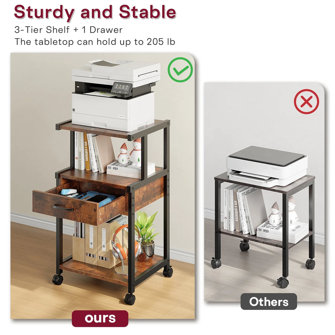 Printer Stand with Wheels,Drawer and Storage Shelf,3-Tier Rolling Mobile Printer Cart Fits Letter and A4 Size Files for Home Office,Brown