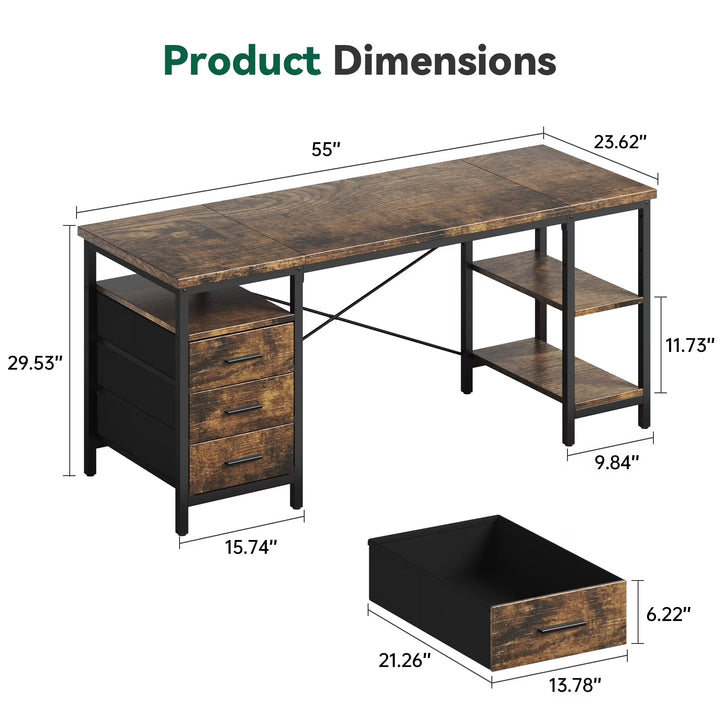 55" Computer Desk, Home Office Desk with 3 Drawers and Storage Shelves, PC Table Desk for Bedroom, Brown