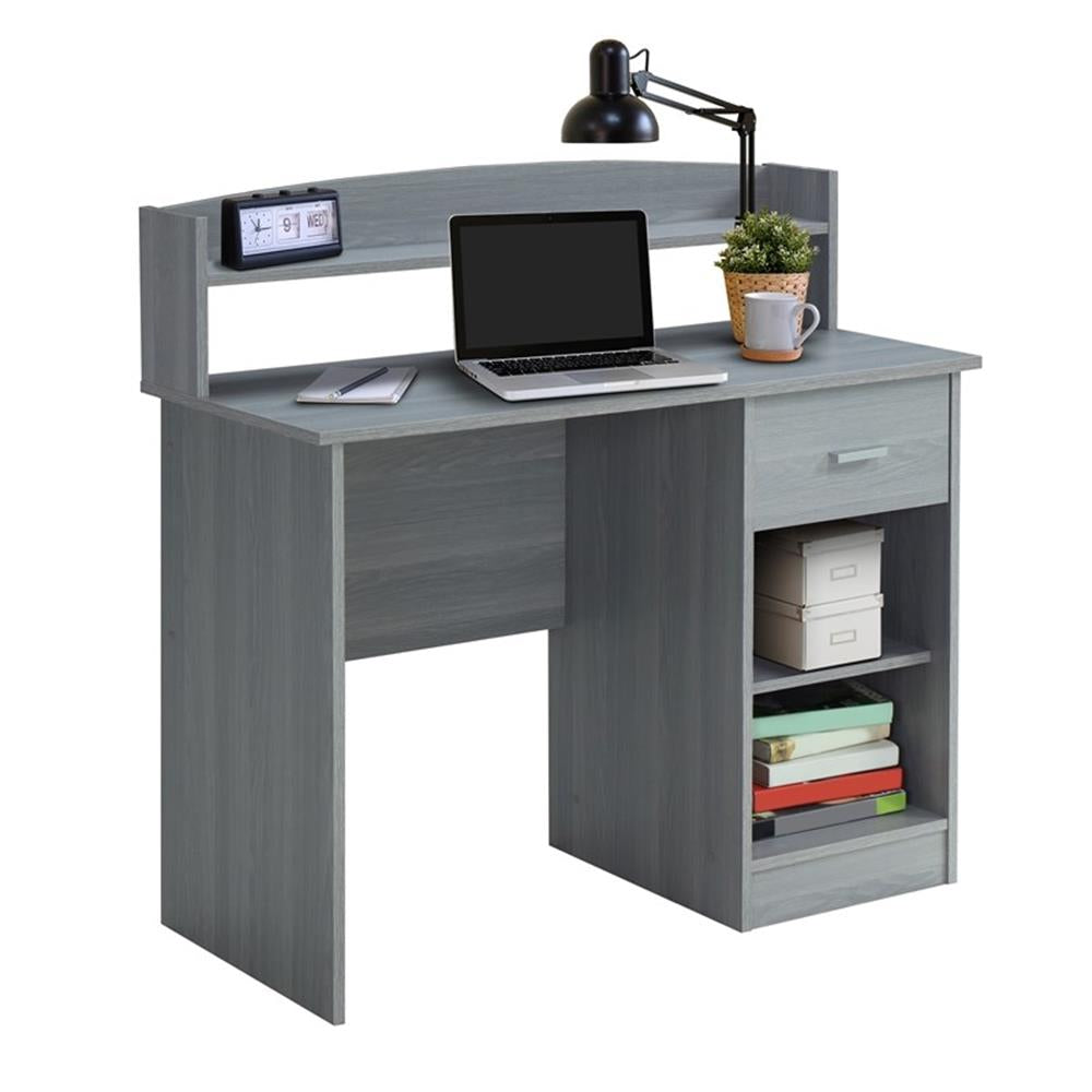 Modern Engineered Wood Computer Desk with Storage Hutch in Gray