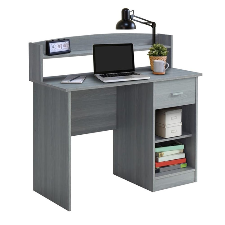 Modern Engineered Wood Computer Desk with Storage Hutch in Gray