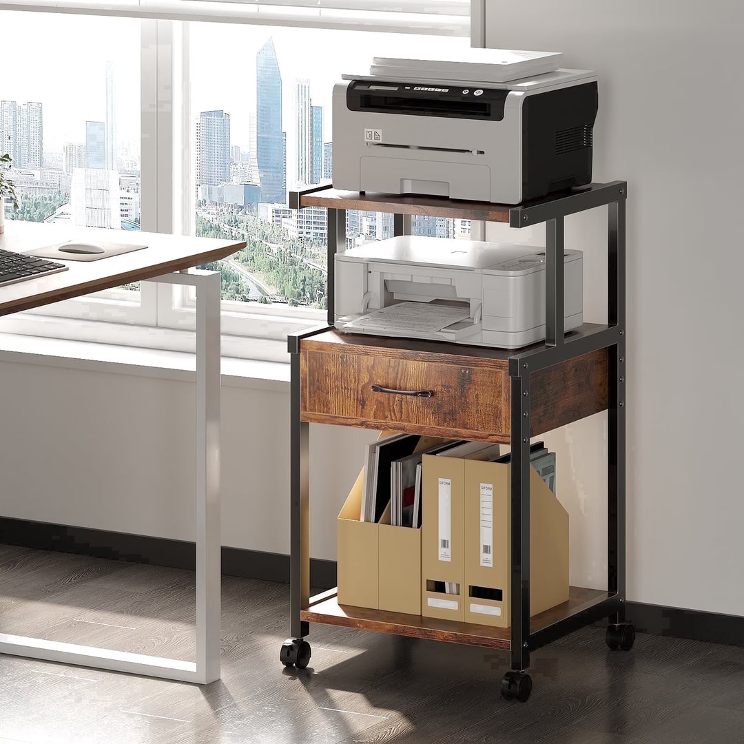 Printer Stand with Wheels,Drawer and Storage Shelf,3-Tier Rolling Mobile Printer Cart Fits Letter and A4 Size Files for Home Office,Brown