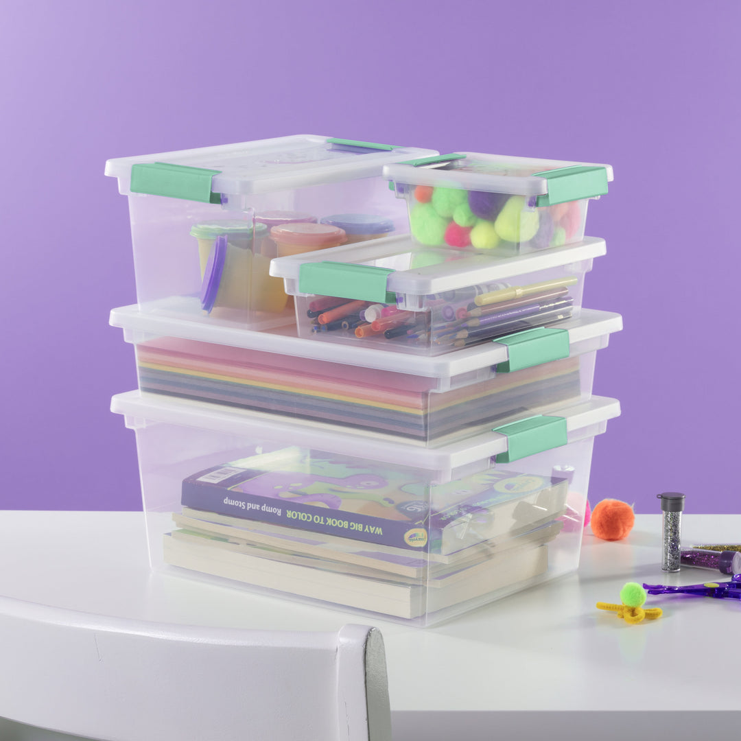Large Clear Plastic Storage Bin Tote with Clear Lid &amp; Aqua Latch