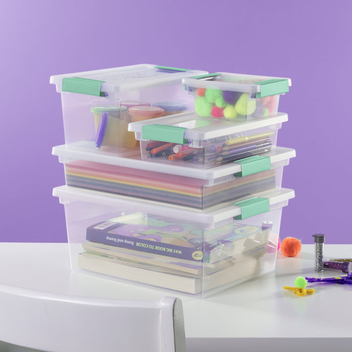 Large Clear Plastic Storage Bin Tote with Clear Lid &amp; Aqua Latch