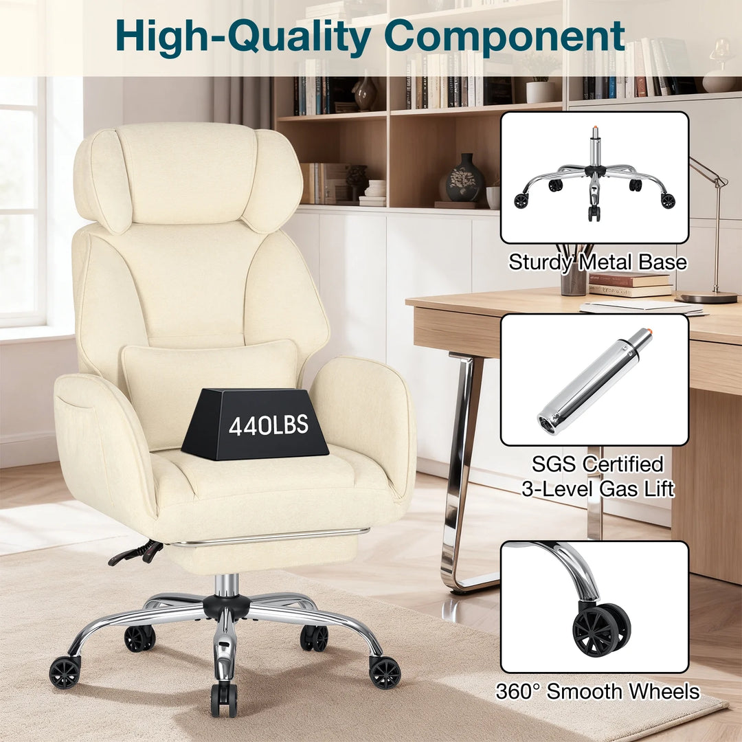 Criss Cross Office Chair with Reversible Armrests, Big and Tall Desk Chair with Footrest, Reclining Ergonomic Computer Chair with Adjustable Headrest, Executive Fabric Chair for Home, Beige