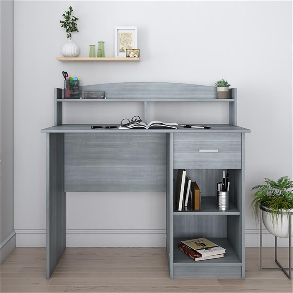 Modern Engineered Wood Computer Desk with Storage Hutch in Gray