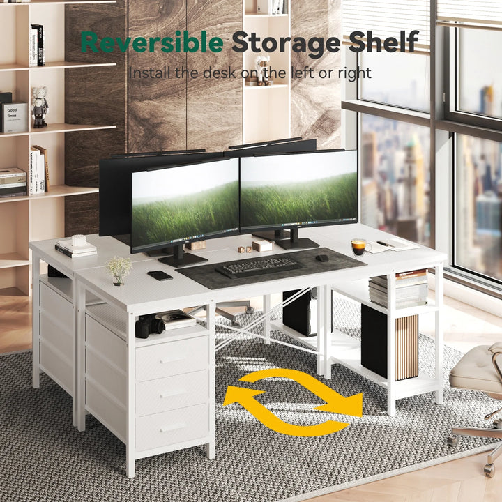 55" Computer Desk, Home Office Desk with 3 Drawers and Storage Shelves, PC Table Desk for Bedroom, White