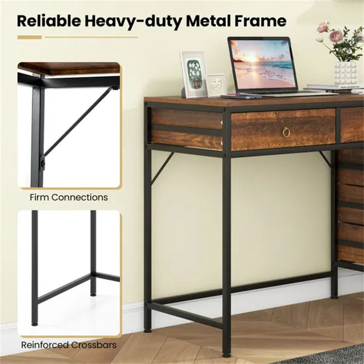 Home Office Dual Desktop Desk with 5 Storage Drawers, Powder-Coated Metal Frame Engineered Wood