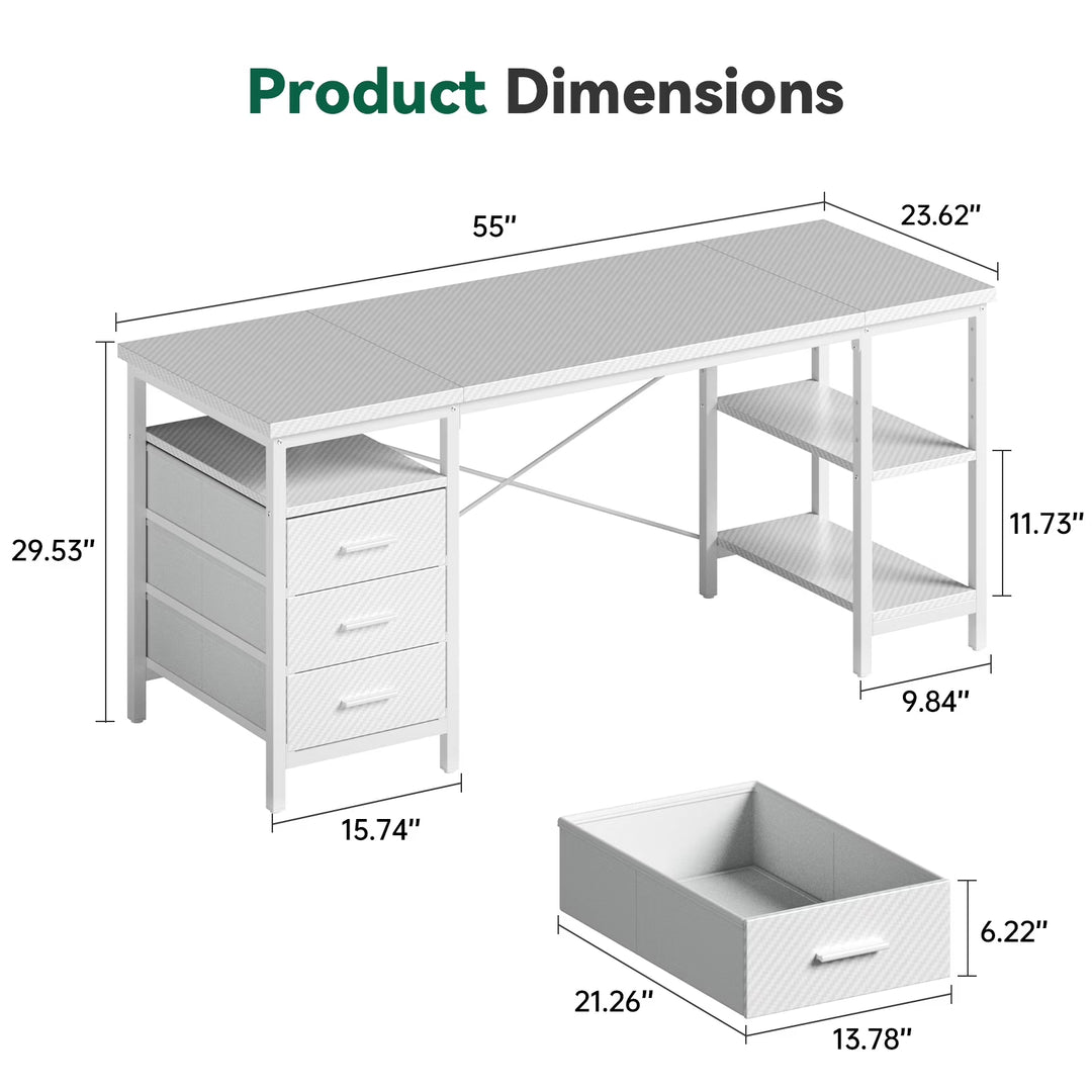 55" Computer Desk, Home Office Desk with 3 Drawers and Storage Shelves, PC Table Desk for Bedroom, White