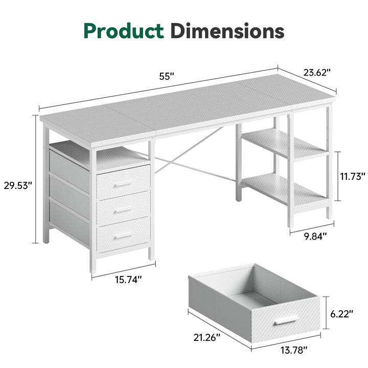55" Computer Desk, Home Office Desk with 3 Drawers and Storage Shelves, PC Table Desk for Bedroom, White