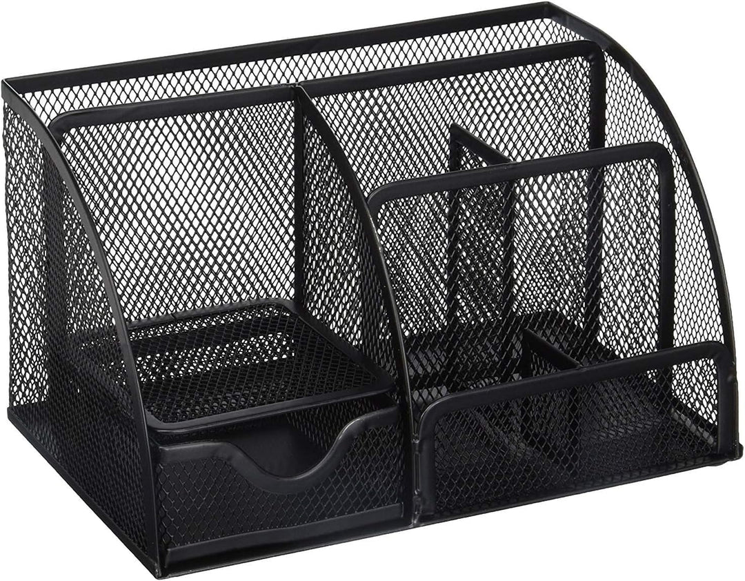 Greenco Mesh Desk Organizer Office Supplies Caddy, 6 Compartments, Small Black Desk Organizer for Pen, Pencil, Small Office Supplies and Stationary Accessories Storage Organization