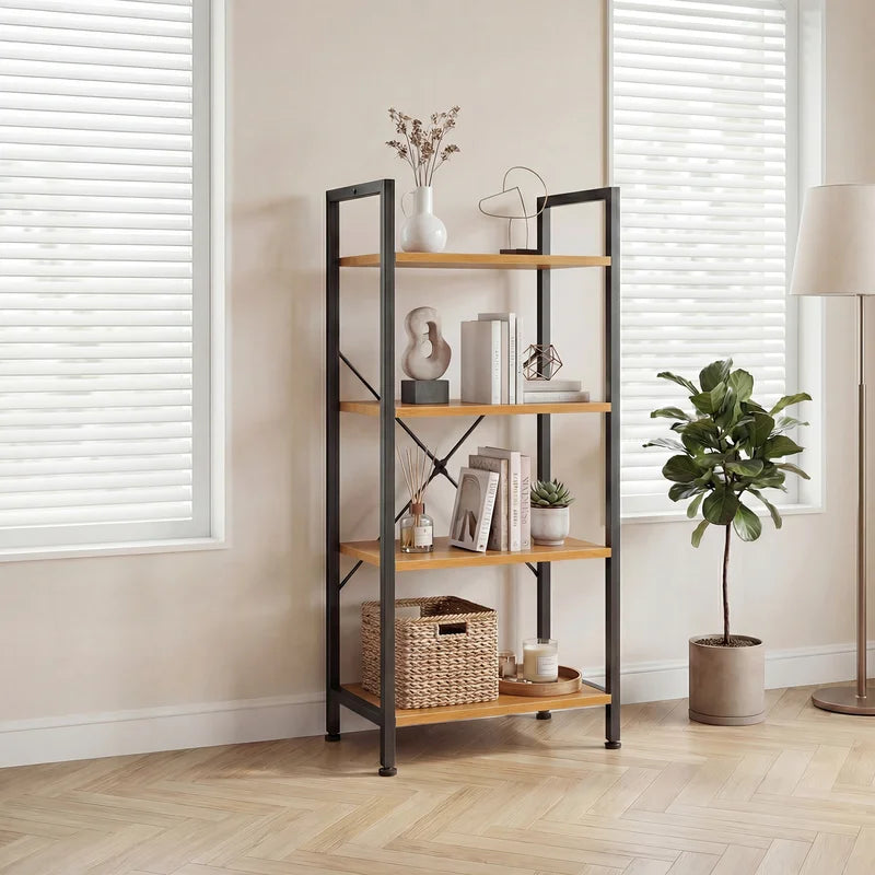 4 Tier Bookshelf, Free Standing Shelf, Bookcase Shelf Storage Organizer, Industrial Book Shelves for Home Office, Living Room, Kitchen, Wood