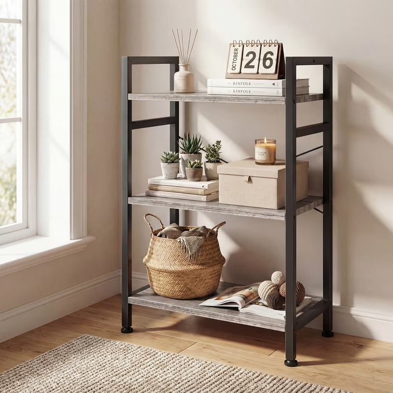3 Tier Bookshelf, Free Standing Shelf, Bookcase Shelf Storage Organizer, Industrial Book Shelves for Home Office, Living Room, Kitchen, Gray