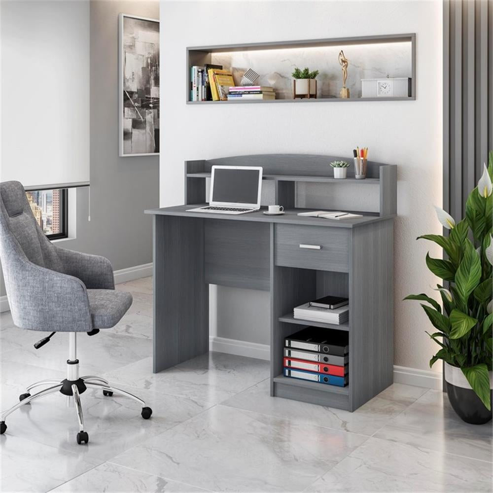 Modern Engineered Wood Computer Desk with Storage Hutch in Gray