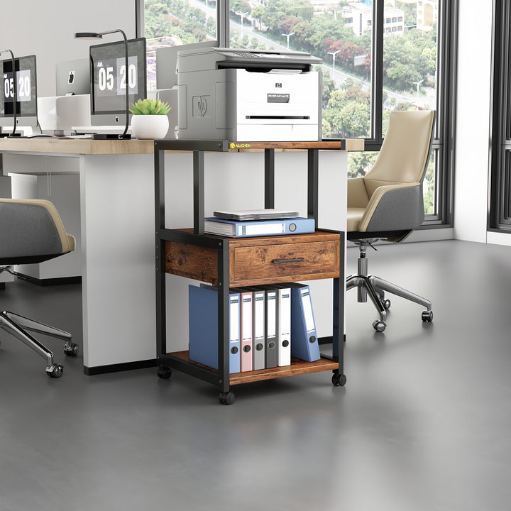 Printer Stand with Wheels,Drawer and Storage Shelf,3-Tier Rolling Mobile Printer Cart Fits Letter and A4 Size Files for Home Office,Brown