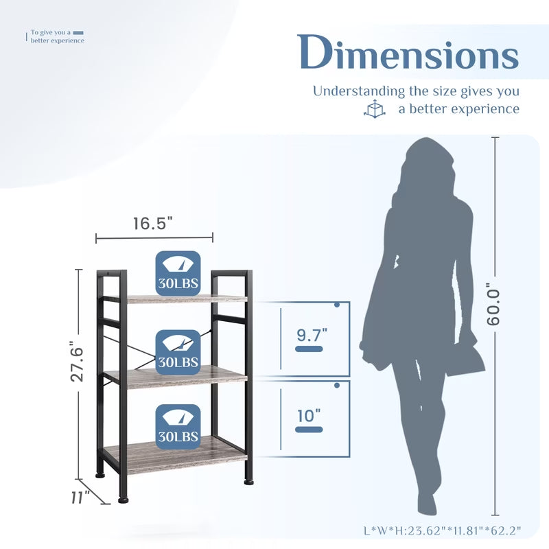 3 Tier Bookshelf, Free Standing Shelf, Bookcase Shelf Storage Organizer, Industrial Book Shelves for Home Office, Living Room, Kitchen, Gray