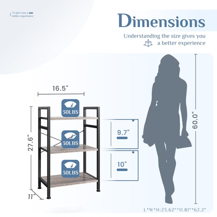 3 Tier Bookshelf, Free Standing Shelf, Bookcase Shelf Storage Organizer, Industrial Book Shelves for Home Office, Living Room, Kitchen, Gray