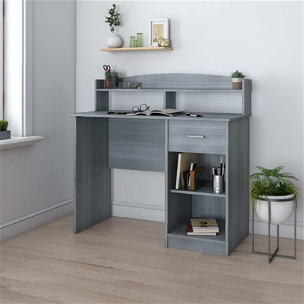 Modern Engineered Wood Computer Desk with Storage Hutch in Gray