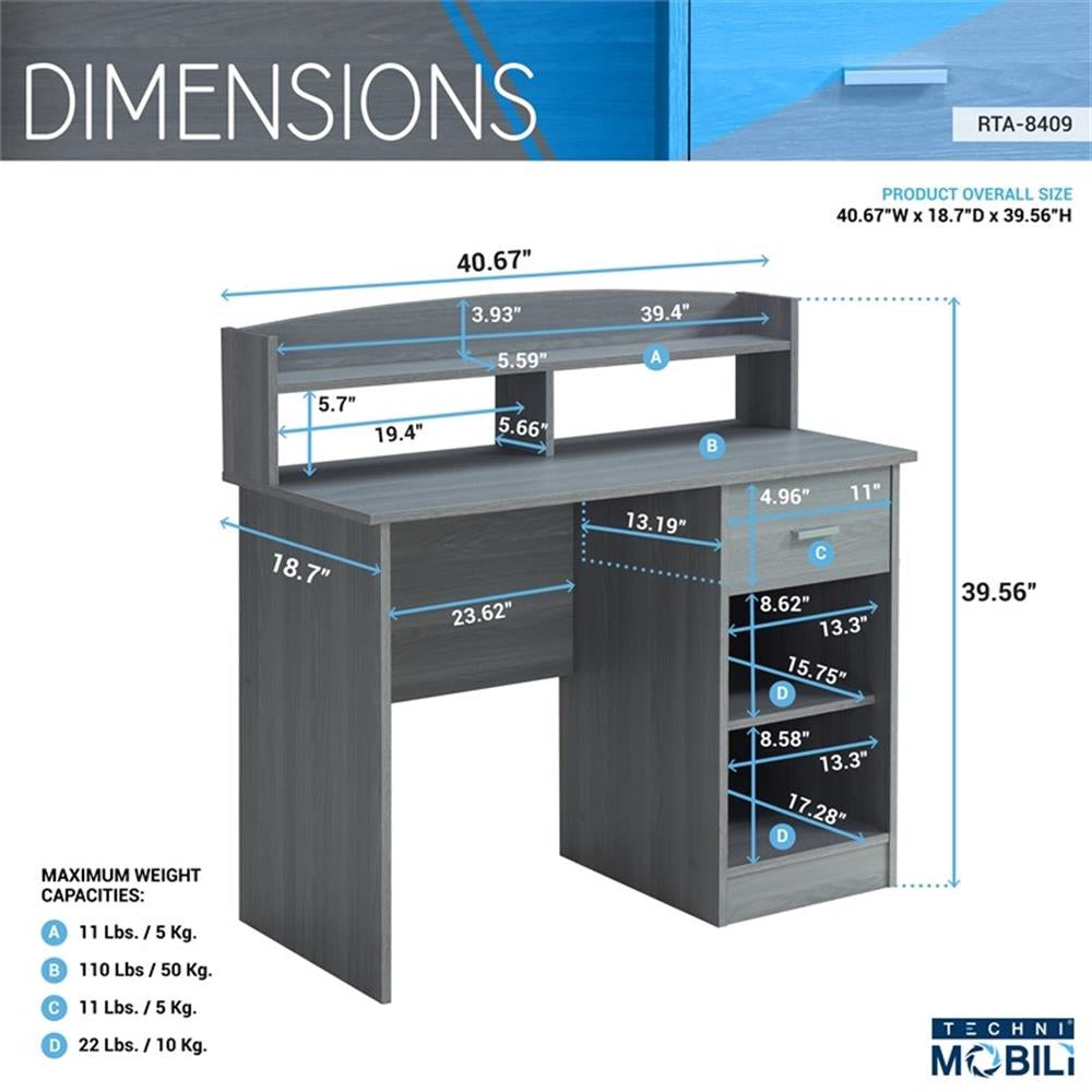 Modern Engineered Wood Computer Desk with Storage Hutch in Gray