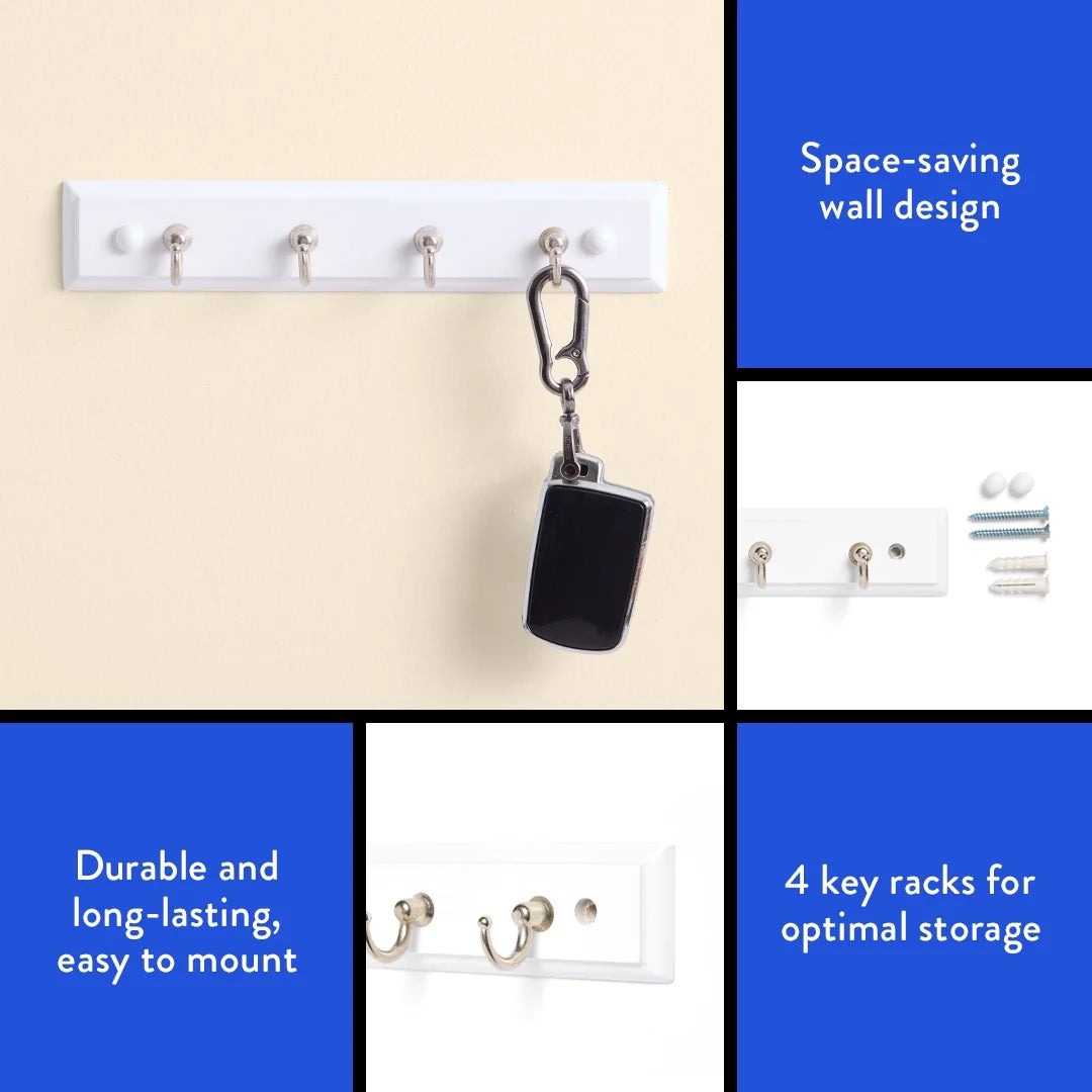 White 8.75 Inch Key Rail with 4 Satin Nickel Hooks for Keys, Mail, Leashes, 2 Lbs Capacity, 1 Pack
