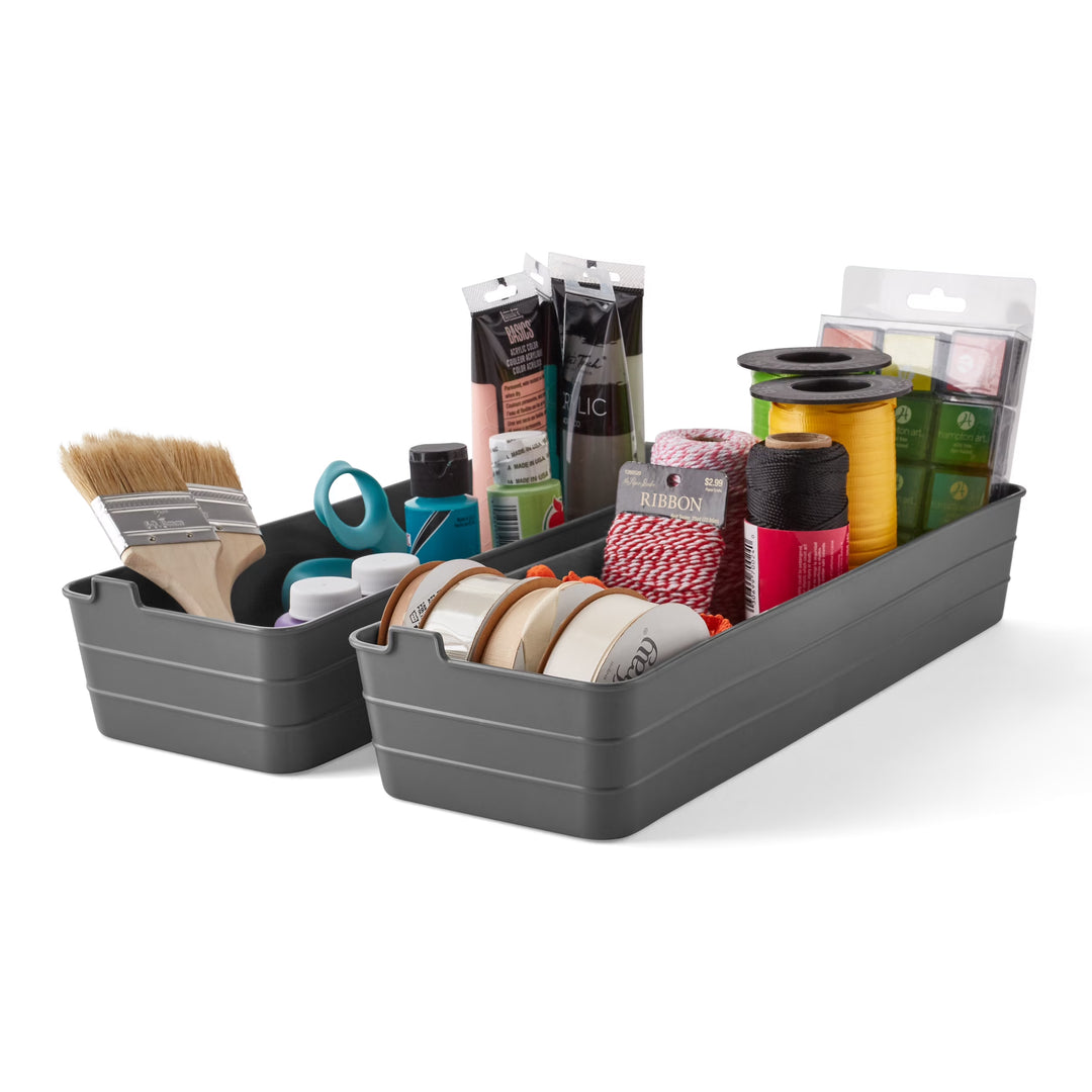 (2 Pack)  Utility Flex Storage Tray Organizer Set, Plastic Drawer Organizer Trays for Kitchen, Desk, Bathroom and Office Drawer Organization, Gray, 2-Pack, 5" X 15"