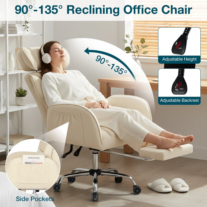 Criss Cross Office Chair with Reversible Armrests, Big and Tall Desk Chair with Footrest, Reclining Ergonomic Computer Chair with Adjustable Headrest, Executive Fabric Chair for Home, Beige