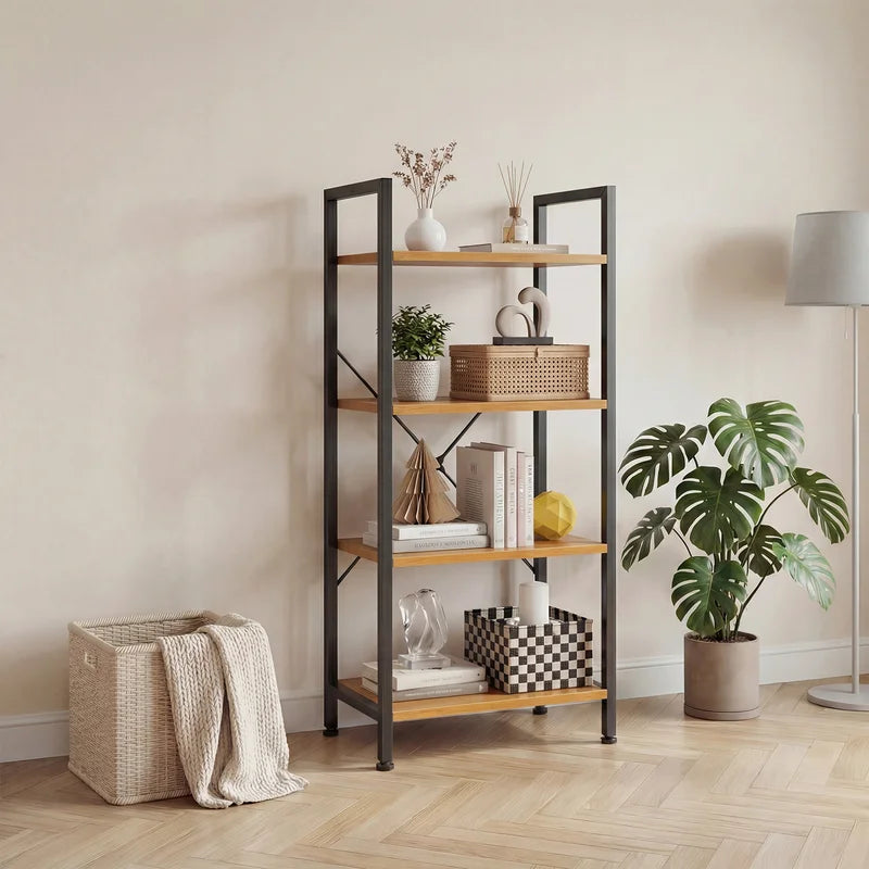 4 Tier Bookshelf, Free Standing Shelf, Bookcase Shelf Storage Organizer, Industrial Book Shelves for Home Office, Living Room, Kitchen, Wood