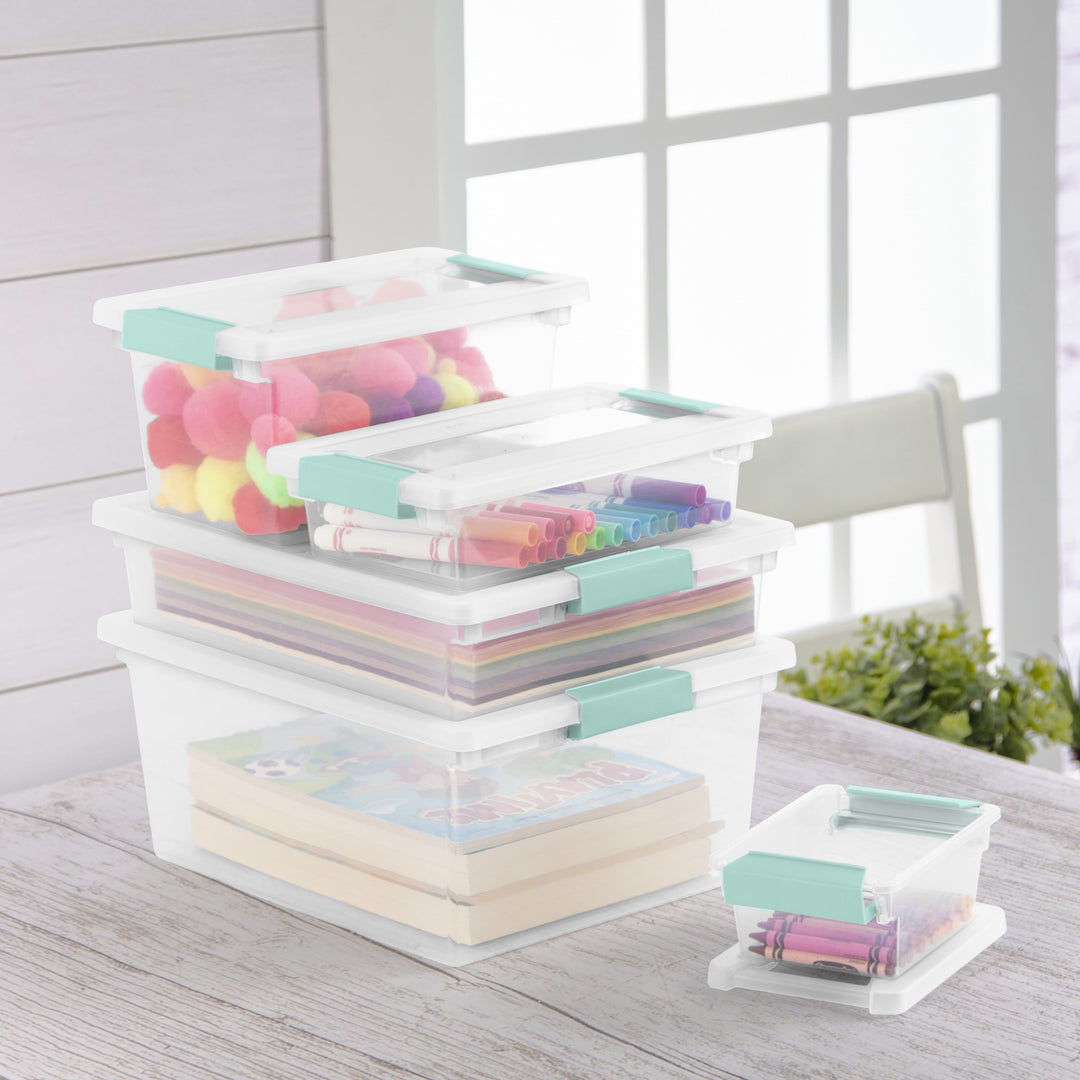 Large Clear Plastic Storage Bin Tote with Clear Lid &amp; Aqua Latch