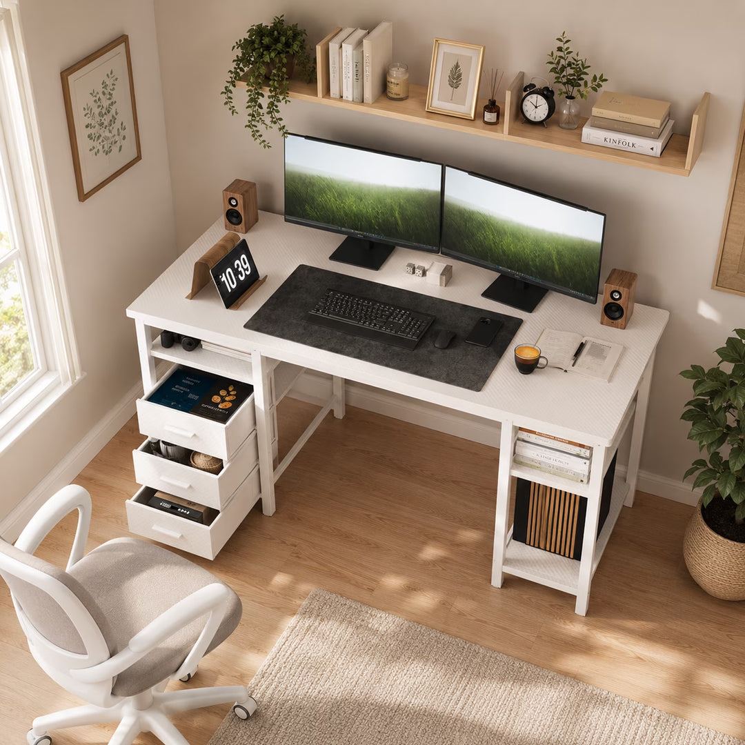 55" Computer Desk, Home Office Desk with 3 Drawers and Storage Shelves, PC Table Desk for Bedroom, White